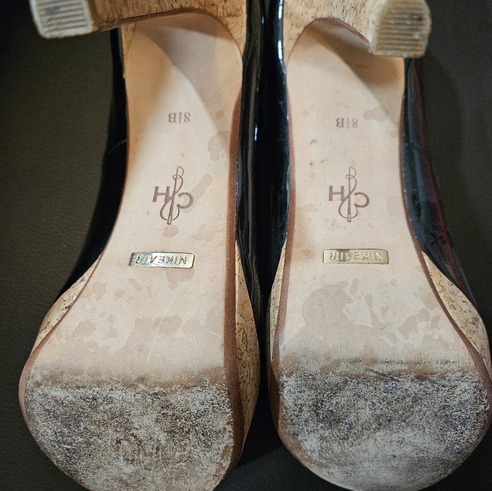 Cole Haan Peep Toe Black Patent Cork Heal shoes 8.5 - Picture 5 of 7